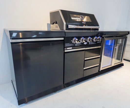 4 Burner Non Wok Black Stainless Steel BBQ Kitchen: Stone Bench, Fridge, Sink, Height Adjustable, Rotisserie with BBQ Cover