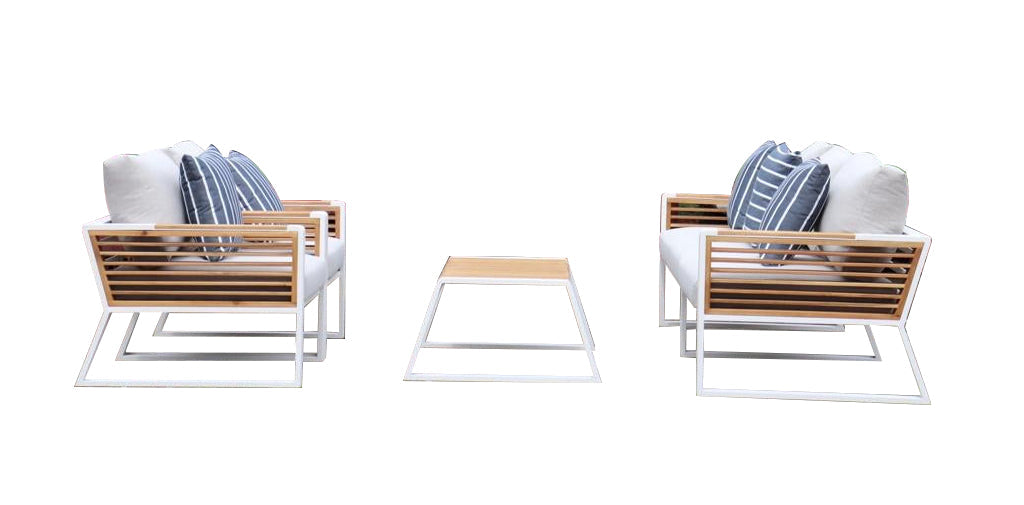 Morlaix 4 Piece Hampton Style Designer Outdoor Lounge Set: White Aluminium, Acacia Wood, Table & Cushions