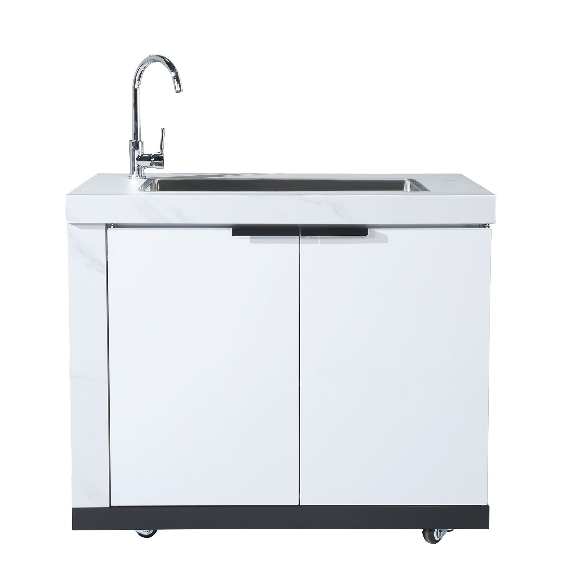 2DR RHS Waterfall Edge Sink Module Suits Rockpool White BBQ Kitchen Package Inc Stone Finishes, Aluminum Powder coated Cabinets, Tap, Waste, Hose, Castor Wheels