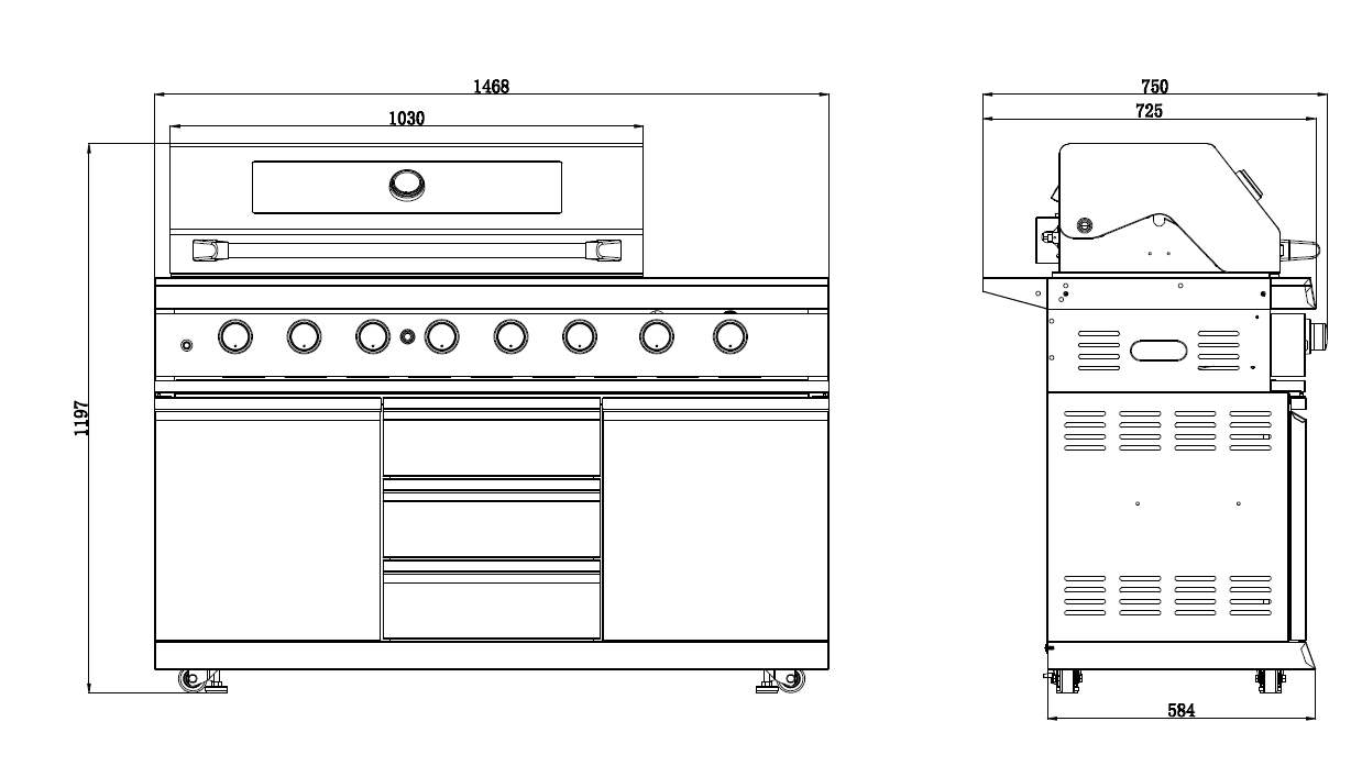 Kingsley 6-Burner Outdoor BBQ Kitchen + 2DR Tropical Fridge