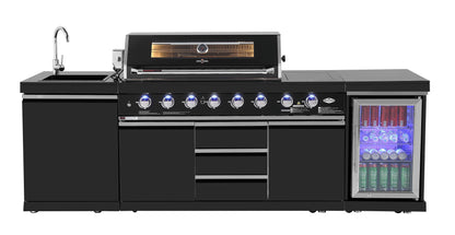 test rey 1 Kingsley 6-Burner Outdoor BBQ Kitchen: Black Stainless Steel, Stone Bench, Fridge, Sink, Height Adjustable