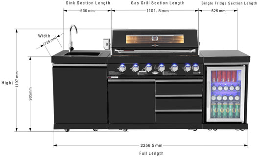 Pre Order 6 Burner Non Wok Black Stainless Steel BBQ Kitchen: Stone Bench, Fridge, Sink, Height Adjustable, Rotisserie with BBQ Cover