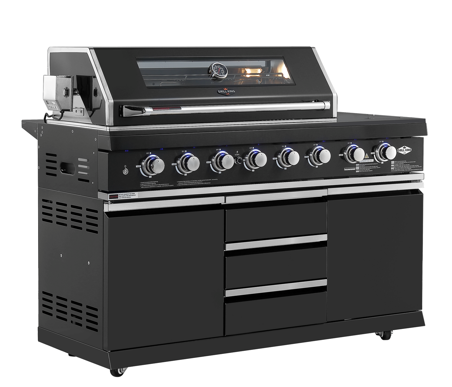 Kingsley 6-Burner Outdoor BBQ Kitchen: Black Stainless Steel, Stone Bench, Fridge, Sink, Height Adjustable