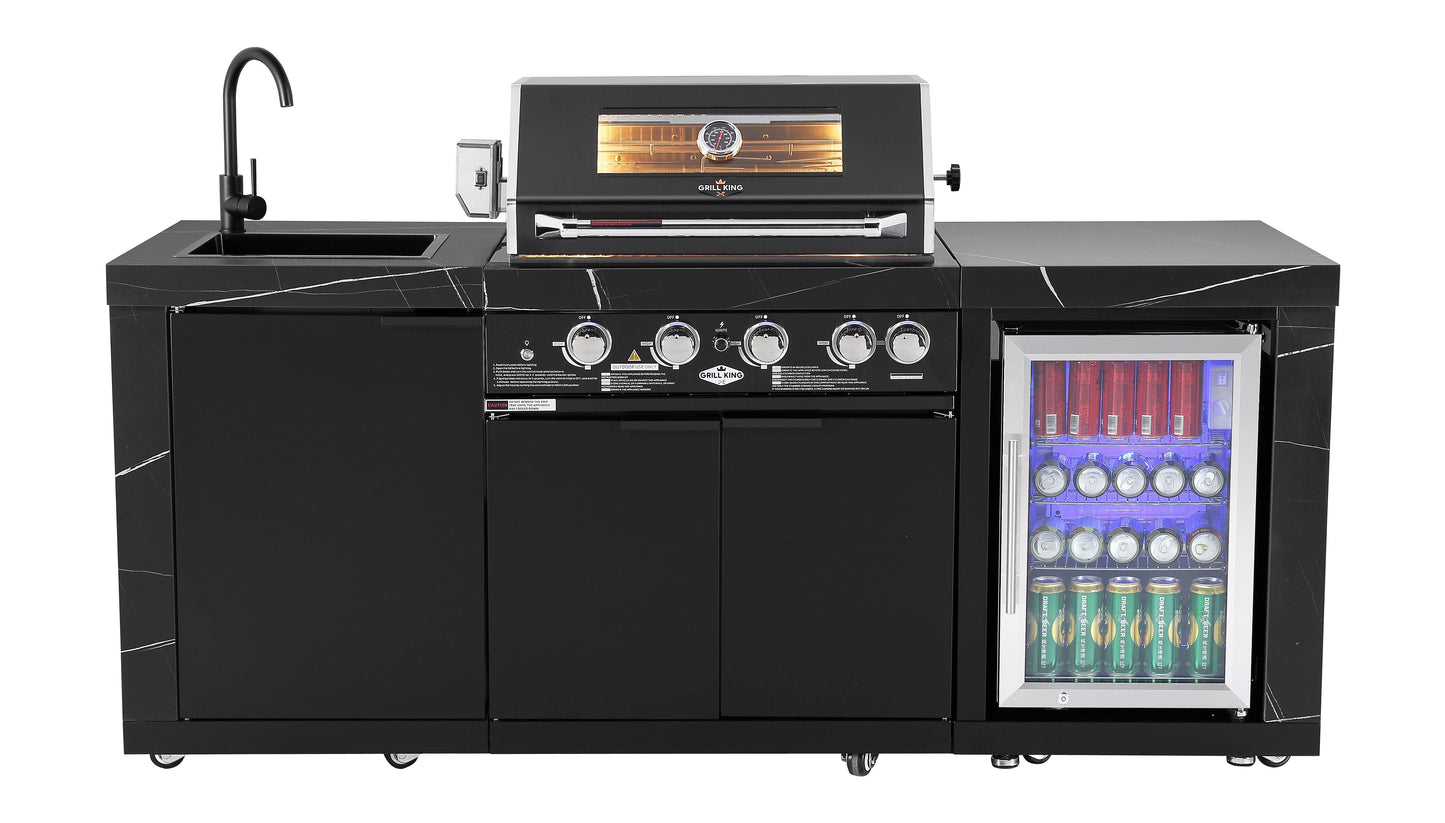 Rockpool 4B: Designer Black Outdoor BBQ Kitchen Package inc Fridge, Sink Rear Infrared, Rotisserie, BBQ Cover