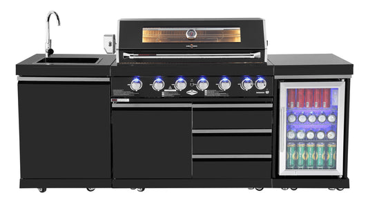 Pre Order 6 Burner Non Wok Black Stainless Steel BBQ Kitchen: Stone Bench, Fridge, Sink, Height Adjustable, Rotisserie with BBQ Cover