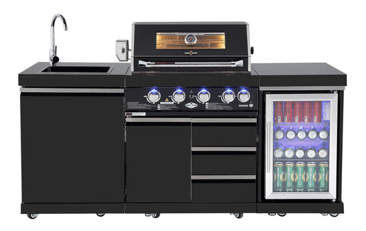 4 Burner Non Wok Black Stainless Steel BBQ Kitchen: Stone Bench, Fridge, Sink, Height Adjustable, Rotisserie with BBQ Cover