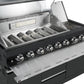 Kingsley 6-Burner Outdoor BBQ Kitchen: Black Stainless Steel, Stone Bench, Fridge, Sink, Height Adjustable