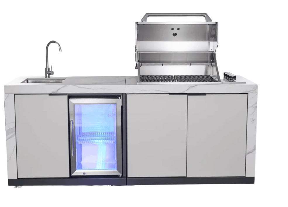 Compact Series Rockpool White 4B BBQ Kitchen Package with Stone Benchtops, Hampton Waterfall Design