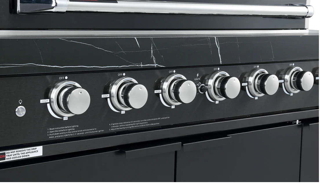 Hampton Style Black Stone Rockpool 6B BBQ Kitchen Package Inc Sink & Draw Module, 2DR Tropical Fridge