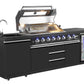 Kingsley 6-Burner Outdoor BBQ Kitchen: Black Stainless Steel, Stone Bench, Fridge, Sink, Height Adjustable