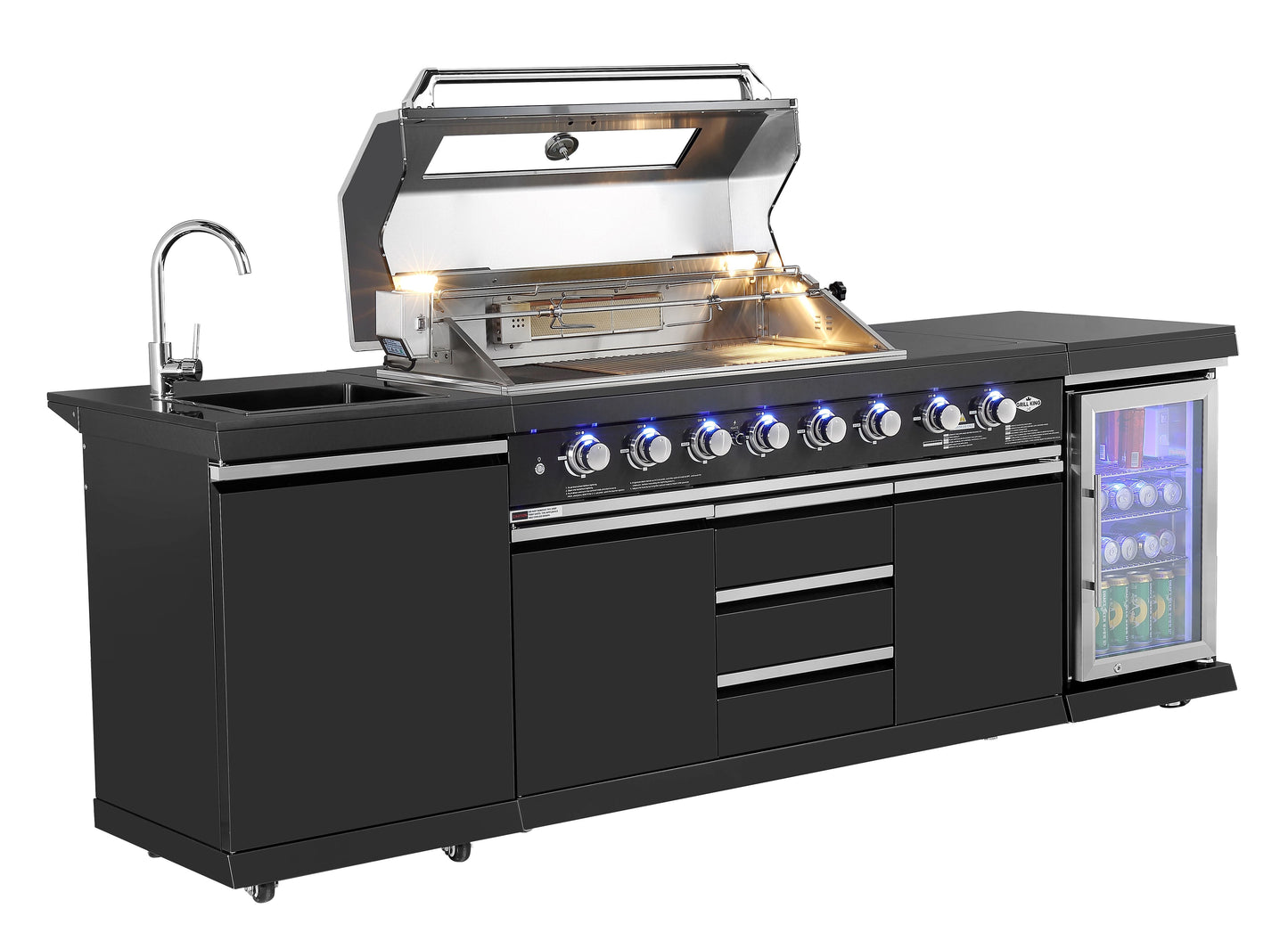 Kingsley 6-Burner Outdoor BBQ Kitchen: Black Stainless Steel, Stone Bench, Fridge, Sink, Height Adjustable