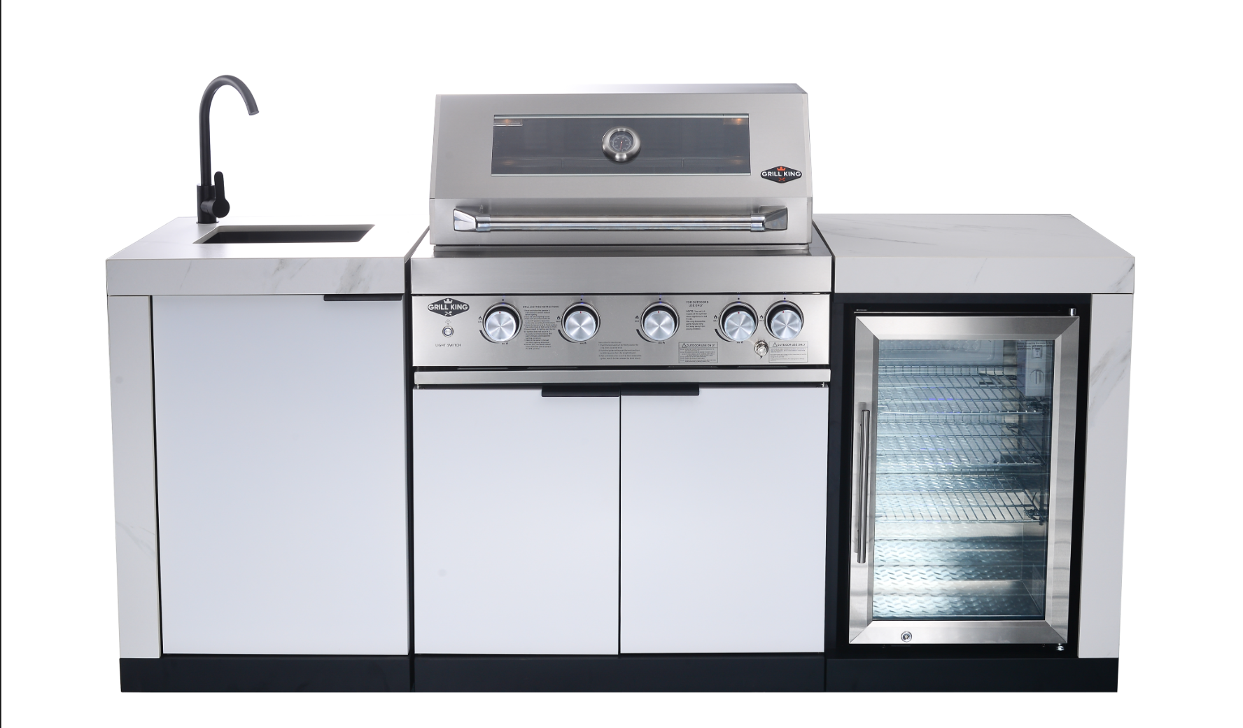 Rockpool White 4B: Designer Outdoor BBQ Kitchen Matt White Stone + White Doors, Fridge & Sink