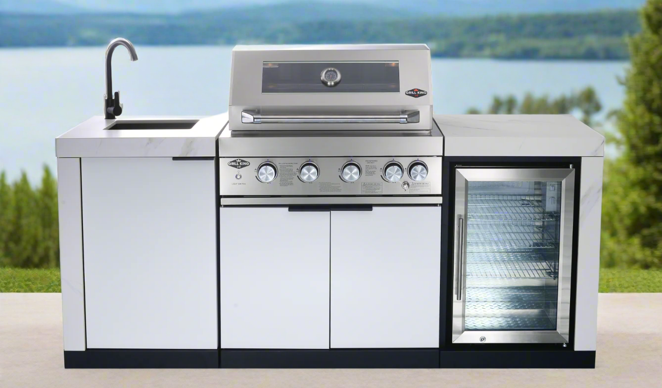 Floor Stock Rockpool White 4B: Designer Outdoor BBQ Kitchen Matt White Stone + White Doors, Fridge & Sink