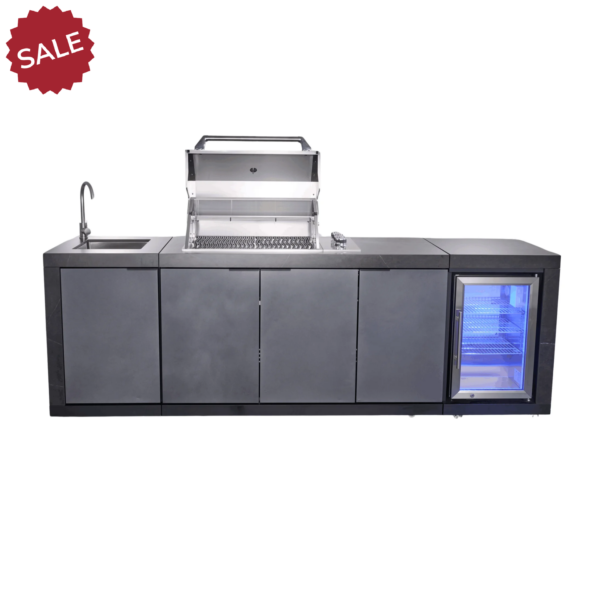 Deep Charcoal 4B Drop In BBQ Kitchen Package Inc sintered stone benchtops, Aluminium Cabinets, Weather Resistant, Fridge & Sink