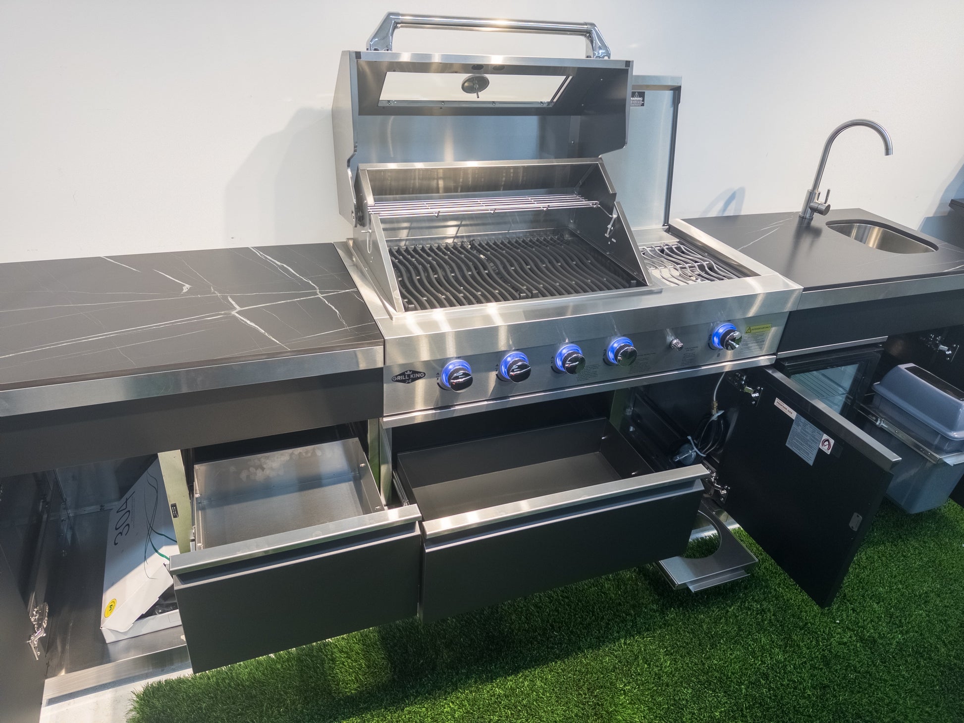 Charcoal Felix 4B + Wok Designer BBQ Kitchen 2.8M: Fridge, Faucet, Sink, Side Wok, Storage Cupboard, Stone Benchtops