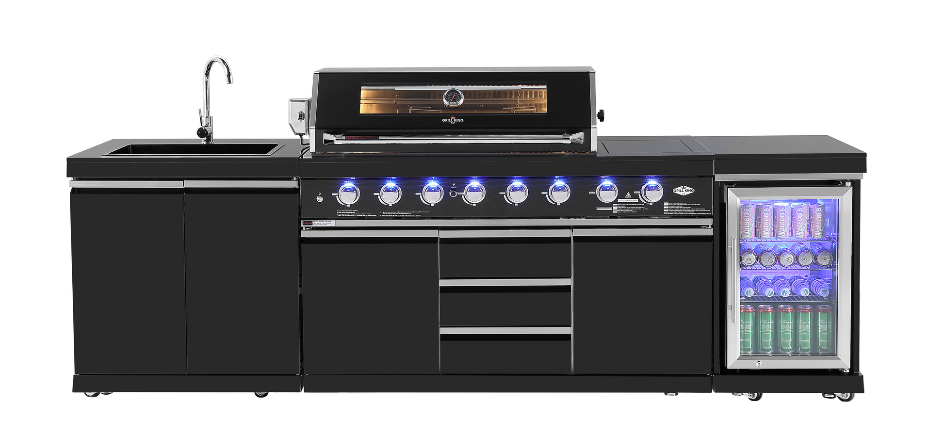 Kingsley 6-Burner Outdoor BBQ Kitchen: Black Stainless Steel, Stone Bench, Fridge, Sink, Height Adjustable