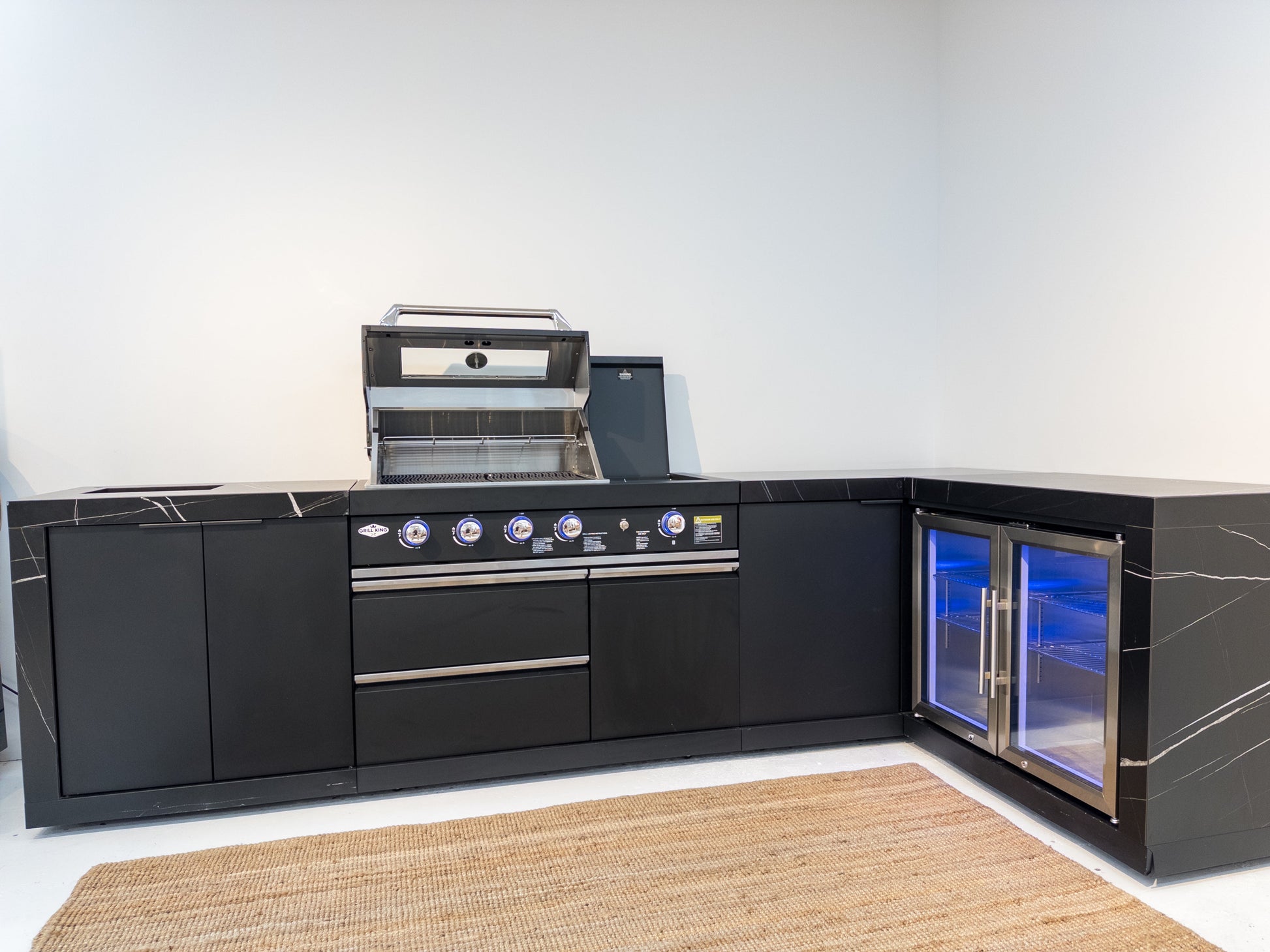 Rockpool Black 4B + Wok L Shape Outdoor Kitchen BBQ Package Black Stone + 2DR Fridge, 2DR Sink, 1DR Cupboard