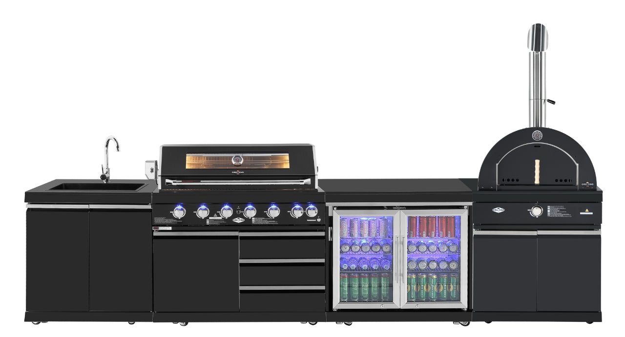 Pre Order 6 Burner Non Wok Black Stainless Steel BBQ Kitchen: Stone Bench, Fridge, Sink, Height Adjustable, Rotisserie with BBQ Cover