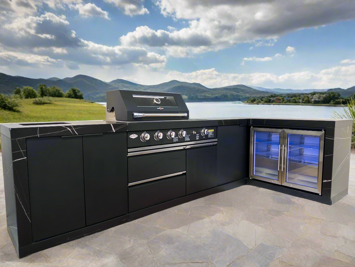 Rockpool Black 4B + Wok L Shape Outdoor Kitchen BBQ Package Black Stone + 2DR Fridge, 2DR Sink, 1DR Cupboard