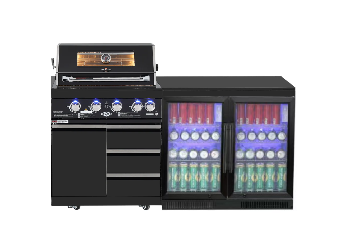 Pre Order 6 Burner Non Wok Black Stainless Steel BBQ Kitchen: Stone Bench, Fridge, Sink, Height Adjustable, Rotisserie with BBQ Cover