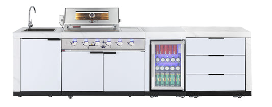 Rockpool White 4B + Wok: Designer Outdoor BBQ Kitchen Package Inc Fridge, Sink, Rear Infrared, Rotisserie, BBQ Cover