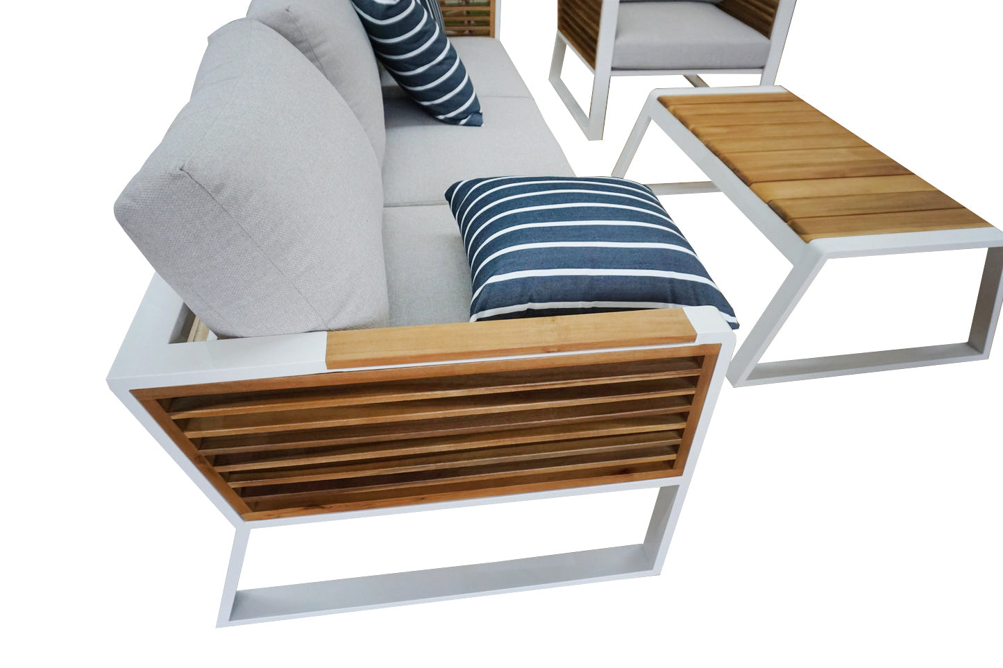 Morlaix 4 Piece Hampton Style Designer Outdoor Lounge Set: White Aluminium, Acacia Wood, Table & Cushions