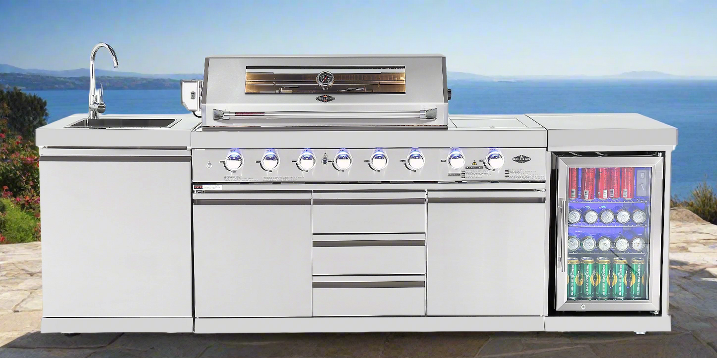 Hurricane 6-Burner Outdoor Kitchen: Stainless Steel, Fridge, Sink, Wok & Rear Infrared Burner