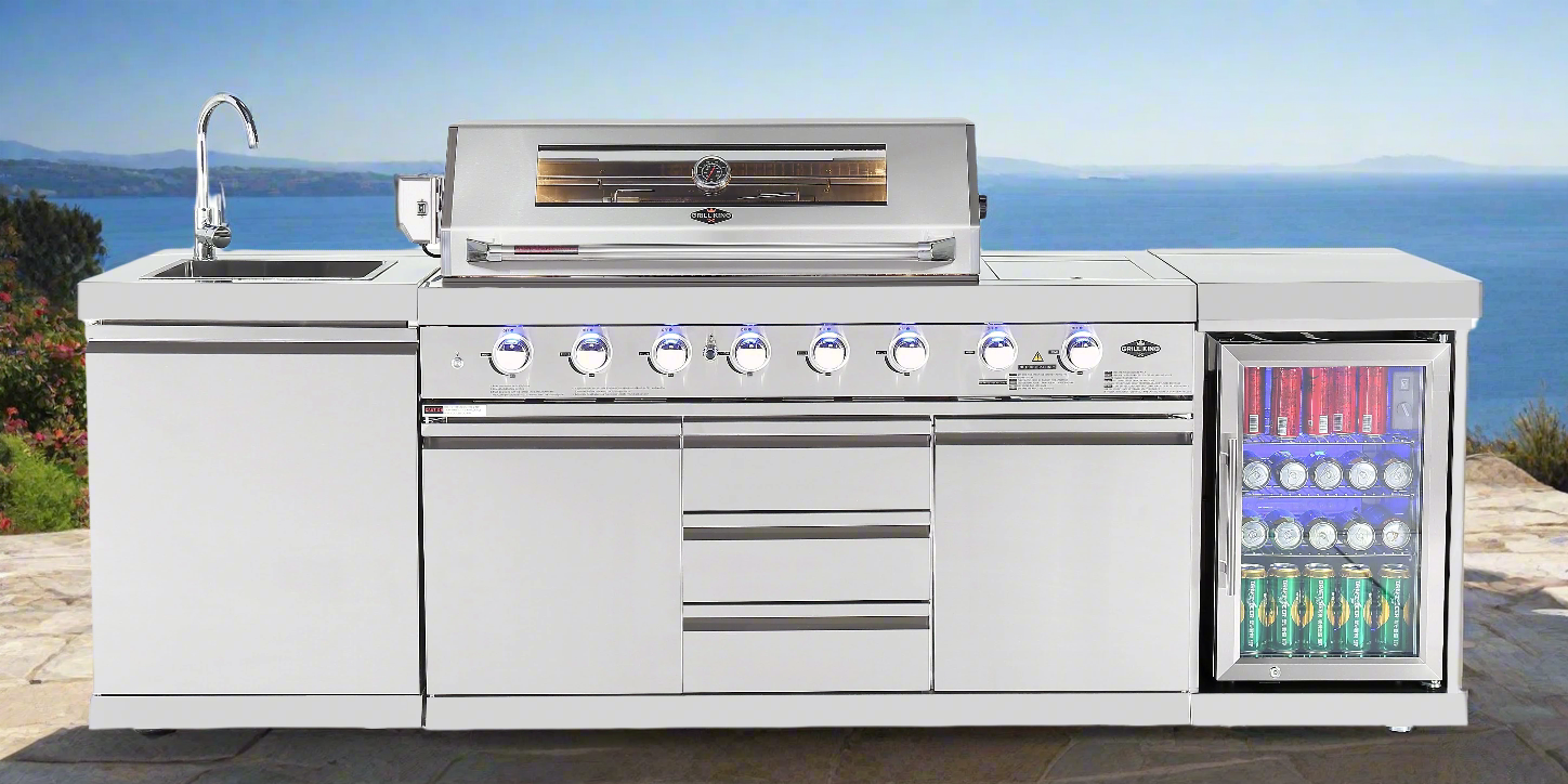 Hurricane 6-Burner Outdoor Kitchen: Stainless Steel, Fridge, Sink, Wok & Rear Infrared Burner