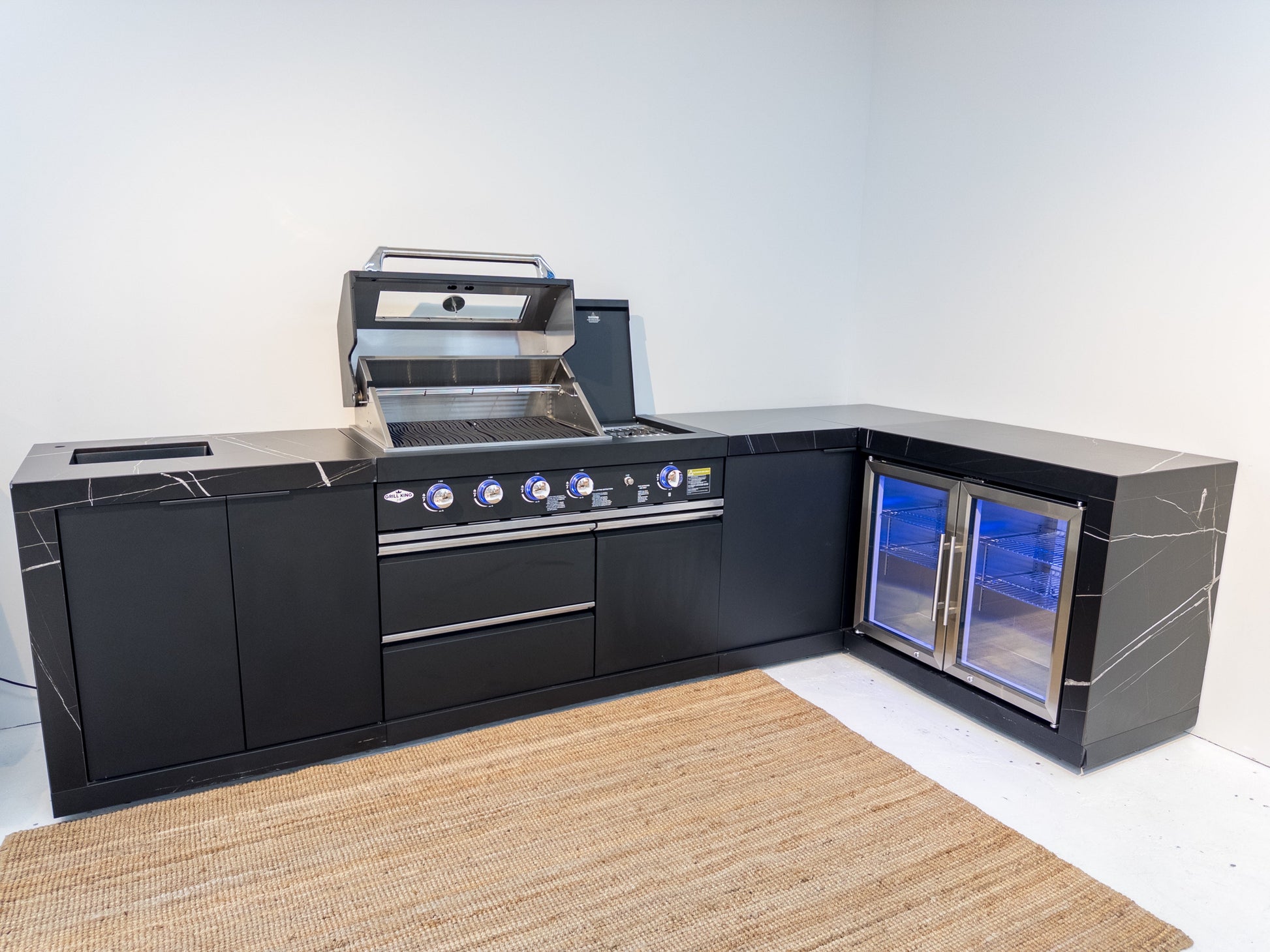 Rockpool Black 4B + Wok L Shape Outdoor Kitchen BBQ Package Black Stone + 2DR Fridge, 2DR Sink, 1DR Cupboard