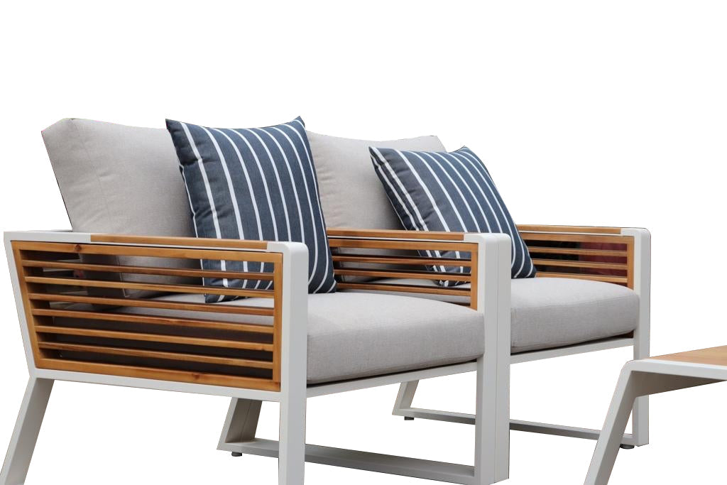 Morlaix 4 Piece Hampton Style Designer Outdoor Lounge Set: White Aluminium, Acacia Wood, Table & Cushions