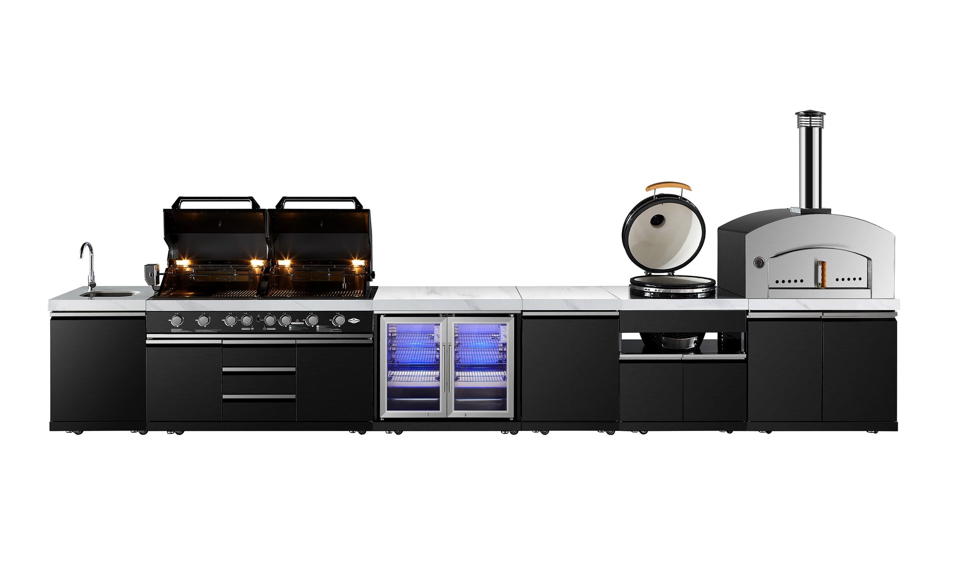 Element Twin Hood 8 Burner Outdoor BBQ Kitchen: High Grade 304 SS + White Stone