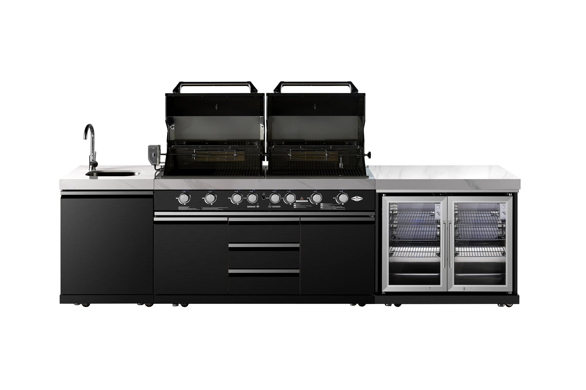 Element Twin Hood 8 Burner Outdoor BBQ Kitchen: High Grade 304 SS + White Stone