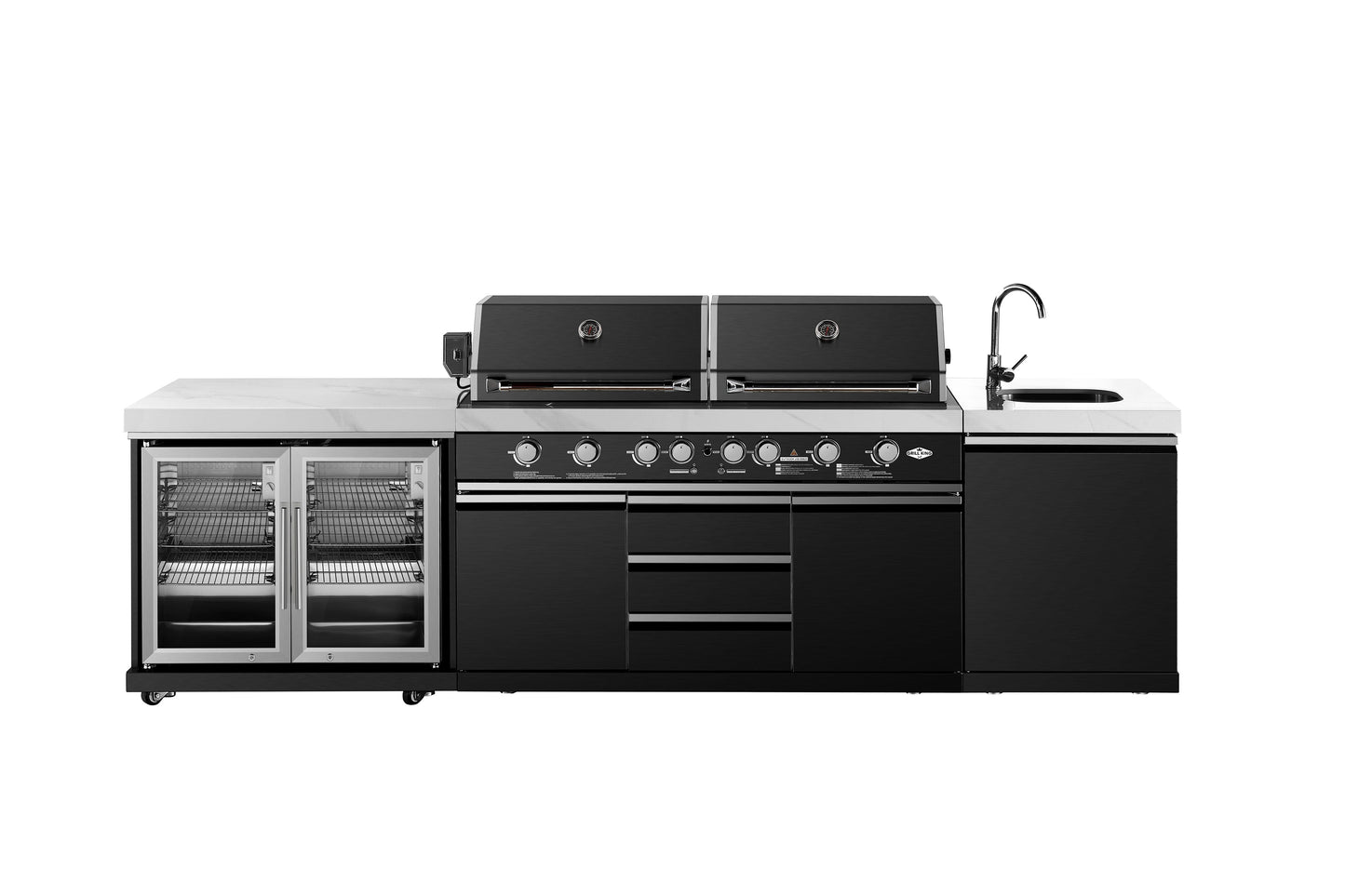 Element Twin Hood 8 Burner Outdoor BBQ Kitchen: High Grade 304 SS + White Stone