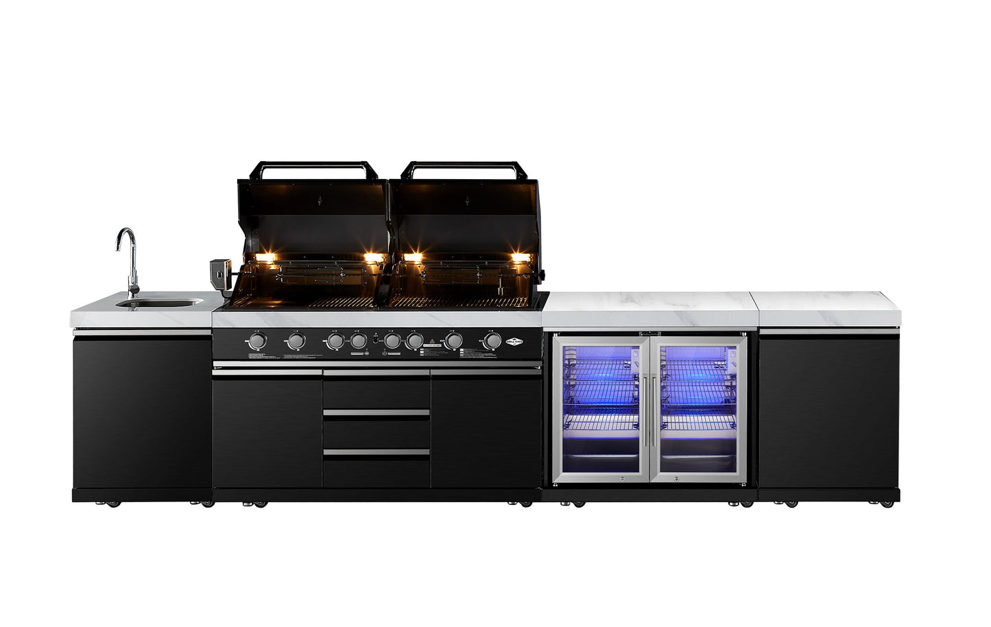 Element Twin Hood 8 Burner Outdoor BBQ Kitchen: High Grade 304 SS + White Stone