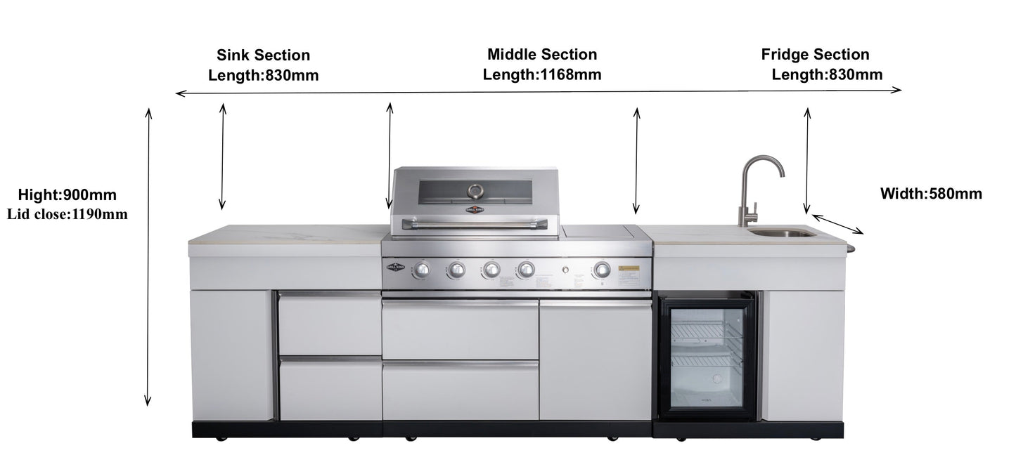 Felix 4B + Wok Designer BBQ Kitchen 2.8M: Fridge, Faucet, Sink, Side Wok, Storage Cupboard, Stone Benchtops