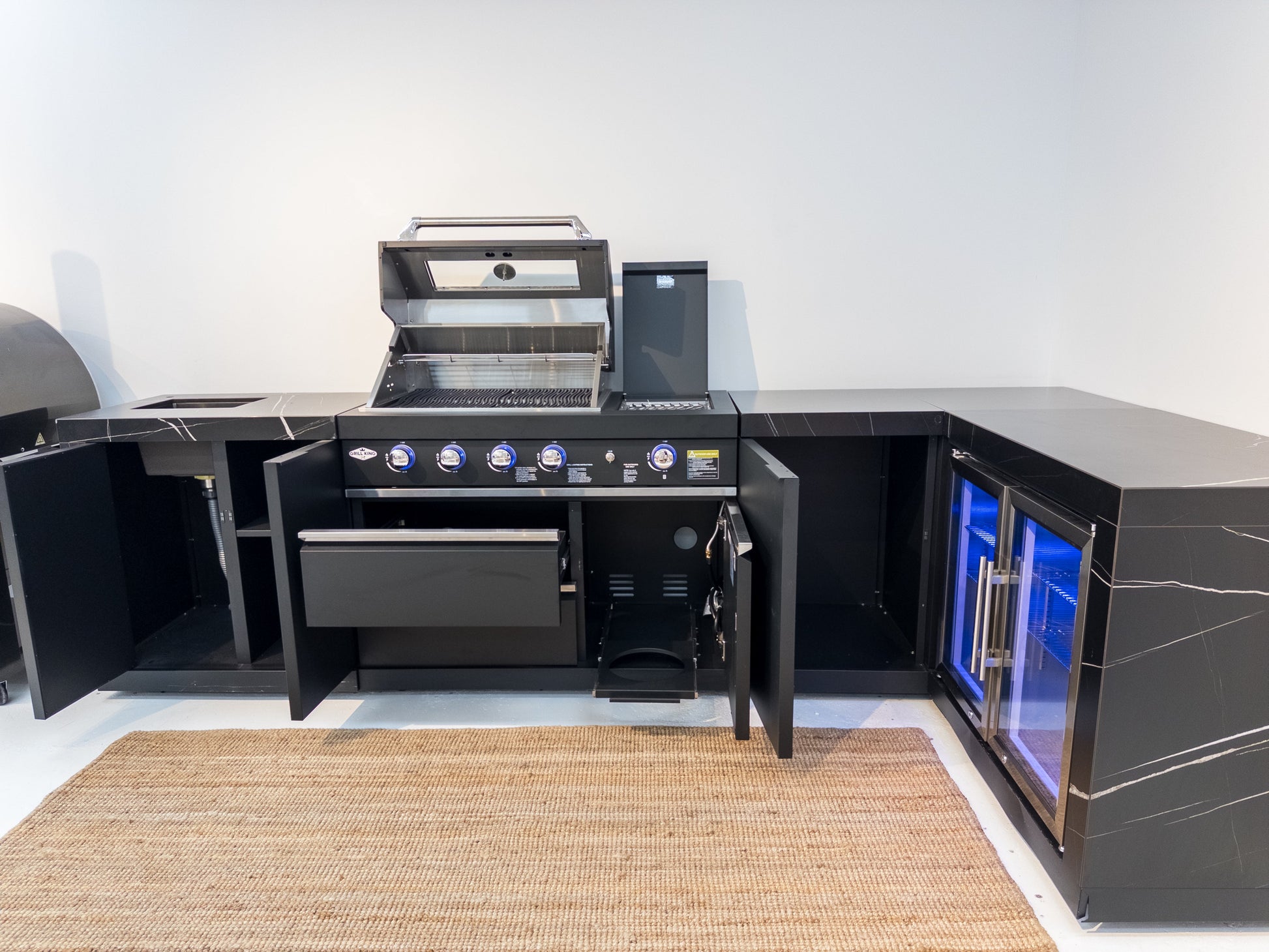 Rockpool Black 4B + Wok L Shape Outdoor Kitchen BBQ Package Black Stone + 2DR Fridge, 2DR Sink, 1DR Cupboard