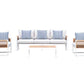 Morlaix 4 Piece Hampton Style Designer Outdoor Lounge Set: White Aluminium, Acacia Wood, Table & Cushions