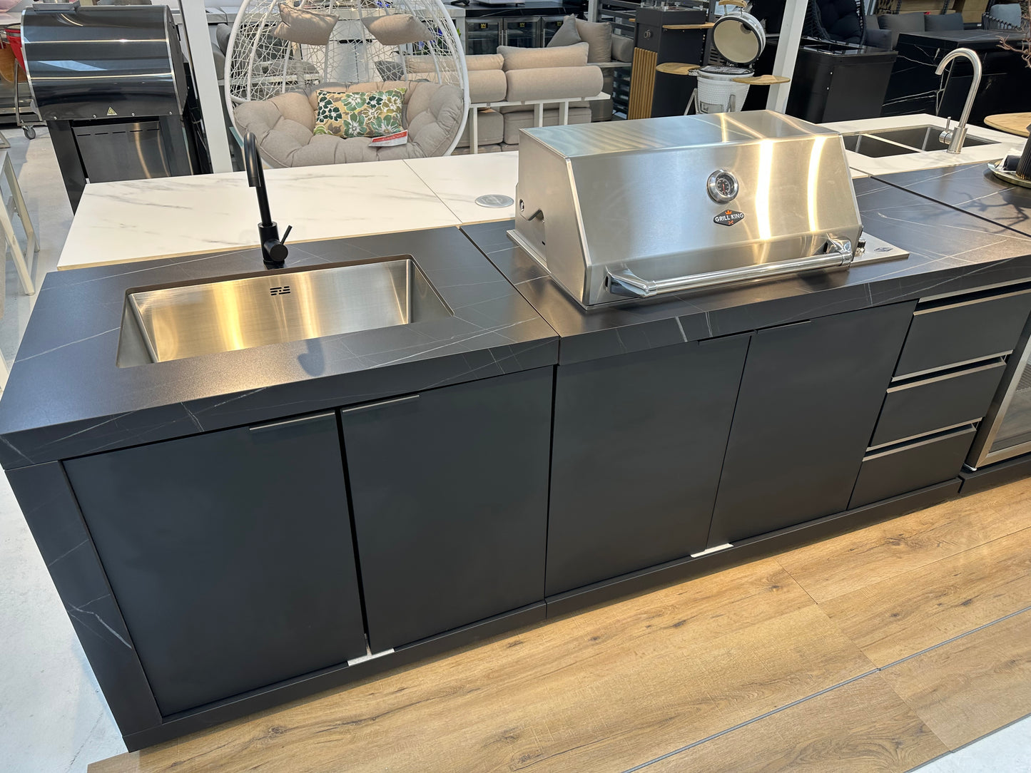 1 Door Sink Module Suits Rockpool Black Drop In BBQ Kitche Package Inc Stone Finishes, Aluminium Powdercoated Cabinets, Tap, Waste, Hose, Castor Wheels