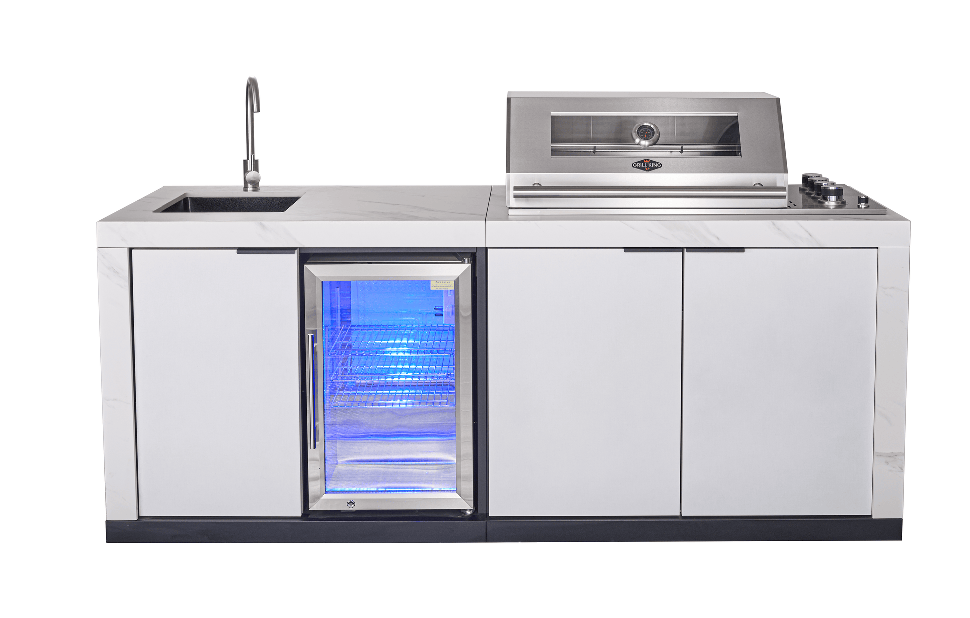 Compact Series Rockpool White 4B BBQ Kitchen Package with Stone Benchtops, Hampton Waterfall Design