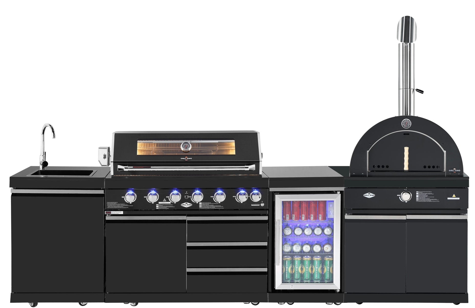 Pre Order 6 Burner Non Wok Black Stainless Steel BBQ Kitchen: Stone Bench, Fridge, Sink, Height Adjustable, Rotisserie with BBQ Cover