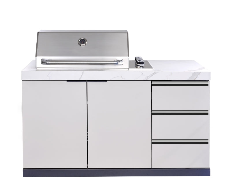 Rockpool 4B Flat Hood BBQ Kitchen | Teppanyaki BBQ Kitchen Package with Hampton Style White Cabinets, Stainless Steel Flat Hood, Fridge and Sink