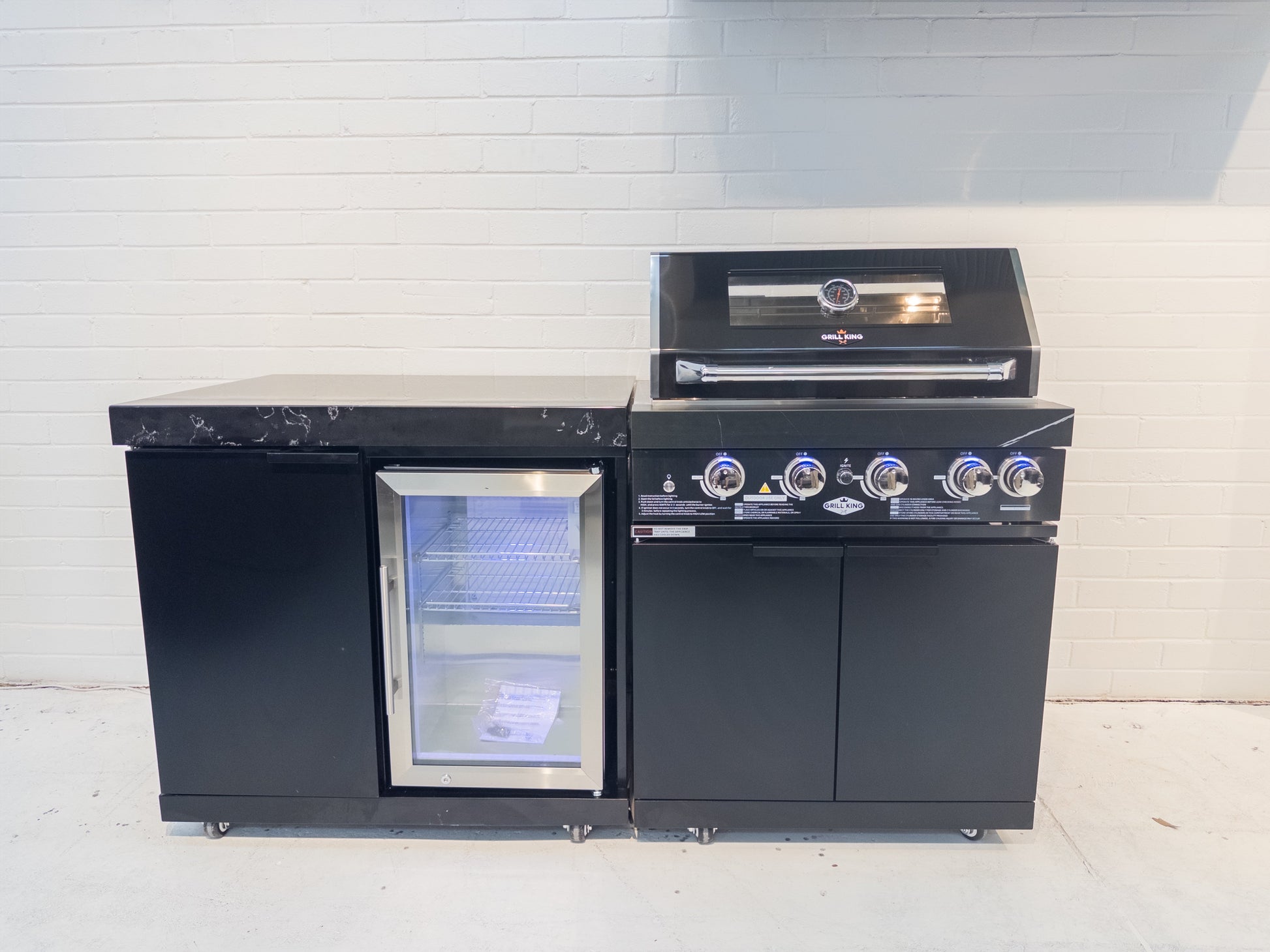 Rockpool 4B + 1DR Fridge & Cupboard Combo Designer Black Outdoor BBQ Kitchen Package inc Fridge, Sink Rear Infrared, Rotisserie, BBQ Cover