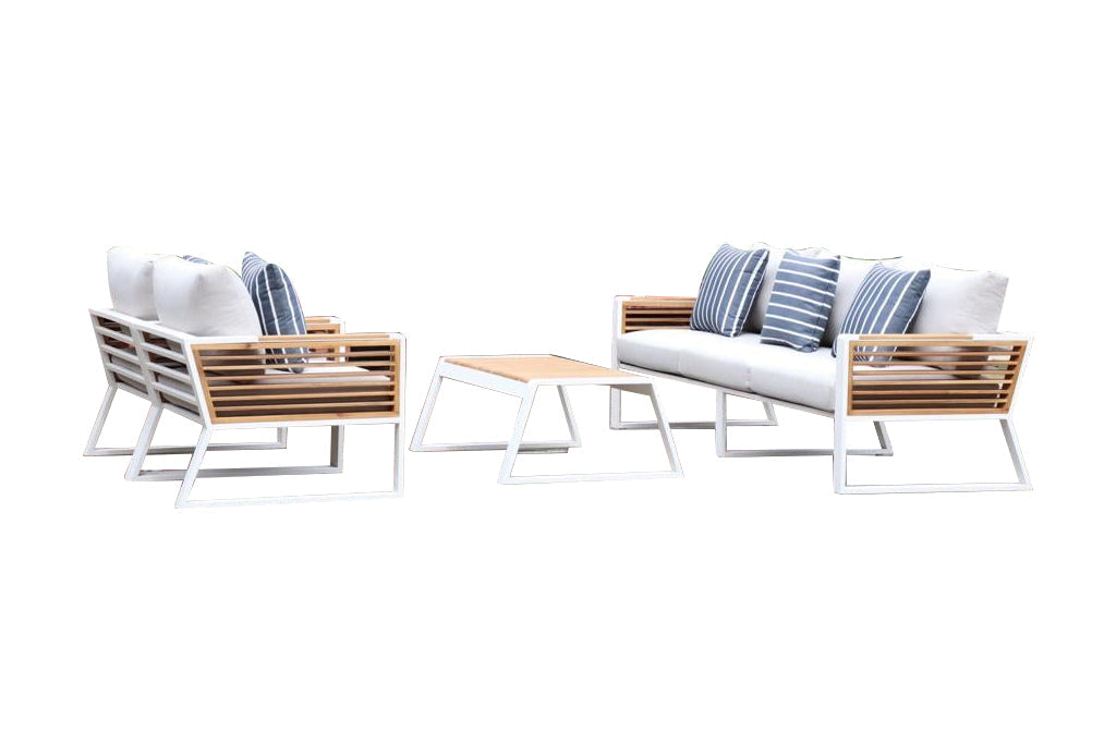 Morlaix 4 Piece Hampton Style Designer Outdoor Lounge Set: White Aluminium, Acacia Wood, Table & Cushions