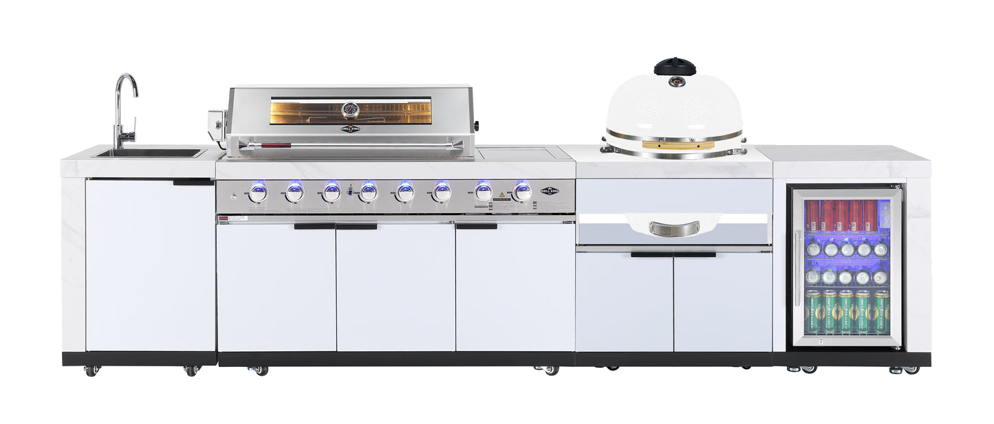 Rockpool White 6B + 21” Kamado Smoker : Designer Outdoor Kitchen BBQ Package Inc Wok Burner, Fridge, Sink, Rotisserie & BBQ Covers.