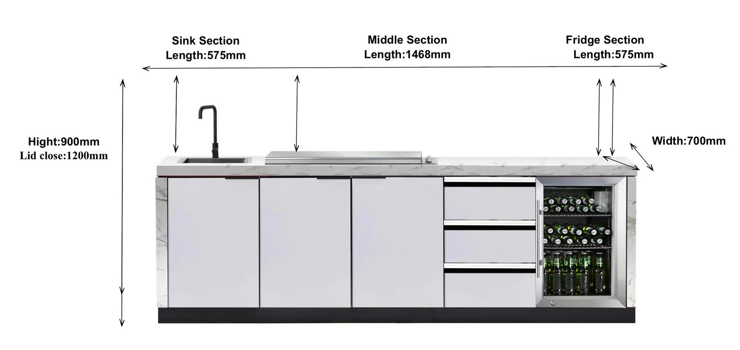 White Stone 4B Square Hood BBQ Kitchen Package with Stone Benchtops, Hampton Waterfall Design