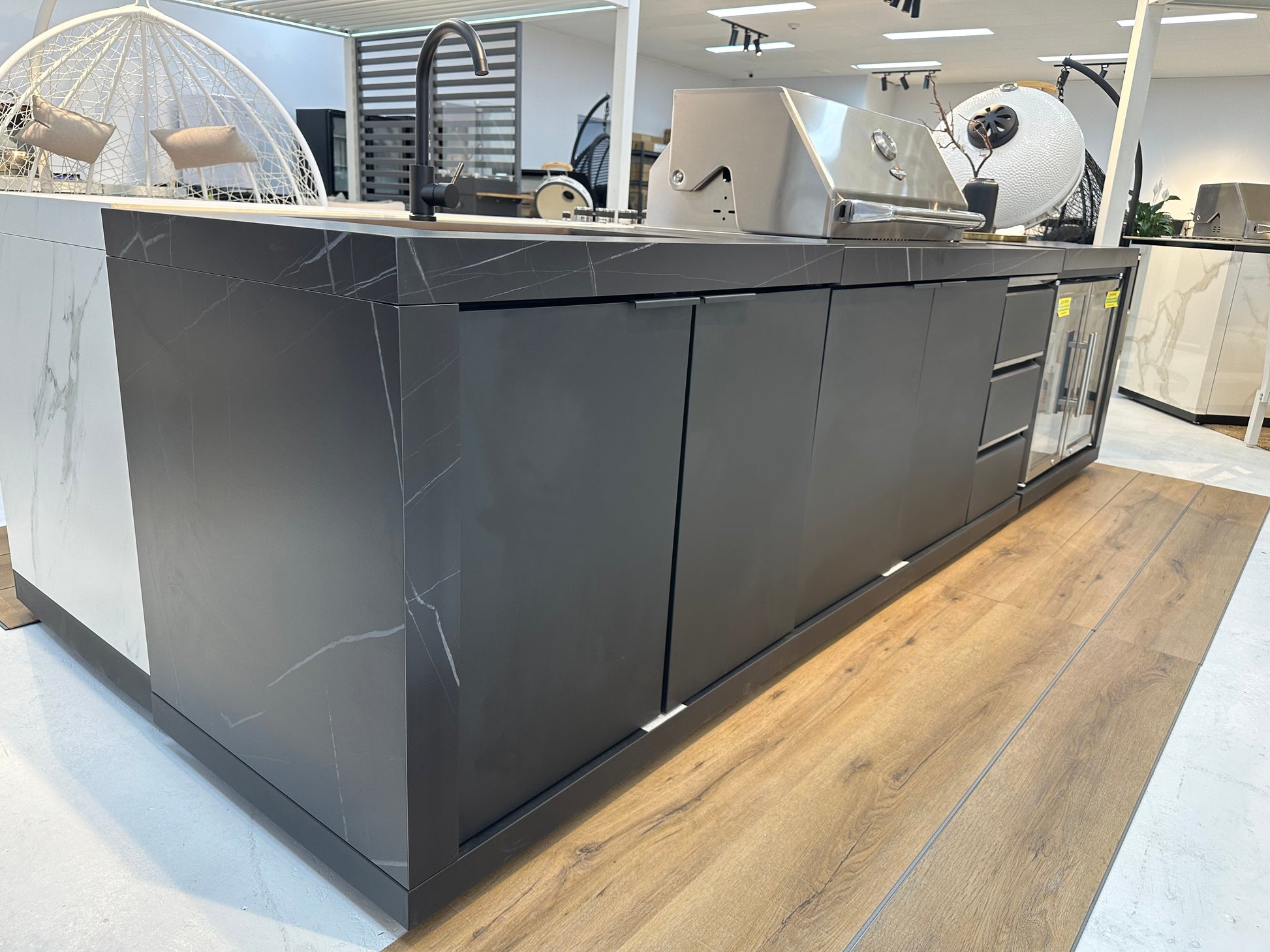 Rockpool Black 6B Drop In BBQ Kitchen Package Inc sintered stoneBencthops, Aluminium Cabinets, Weather Resistant, Fridge & Sink