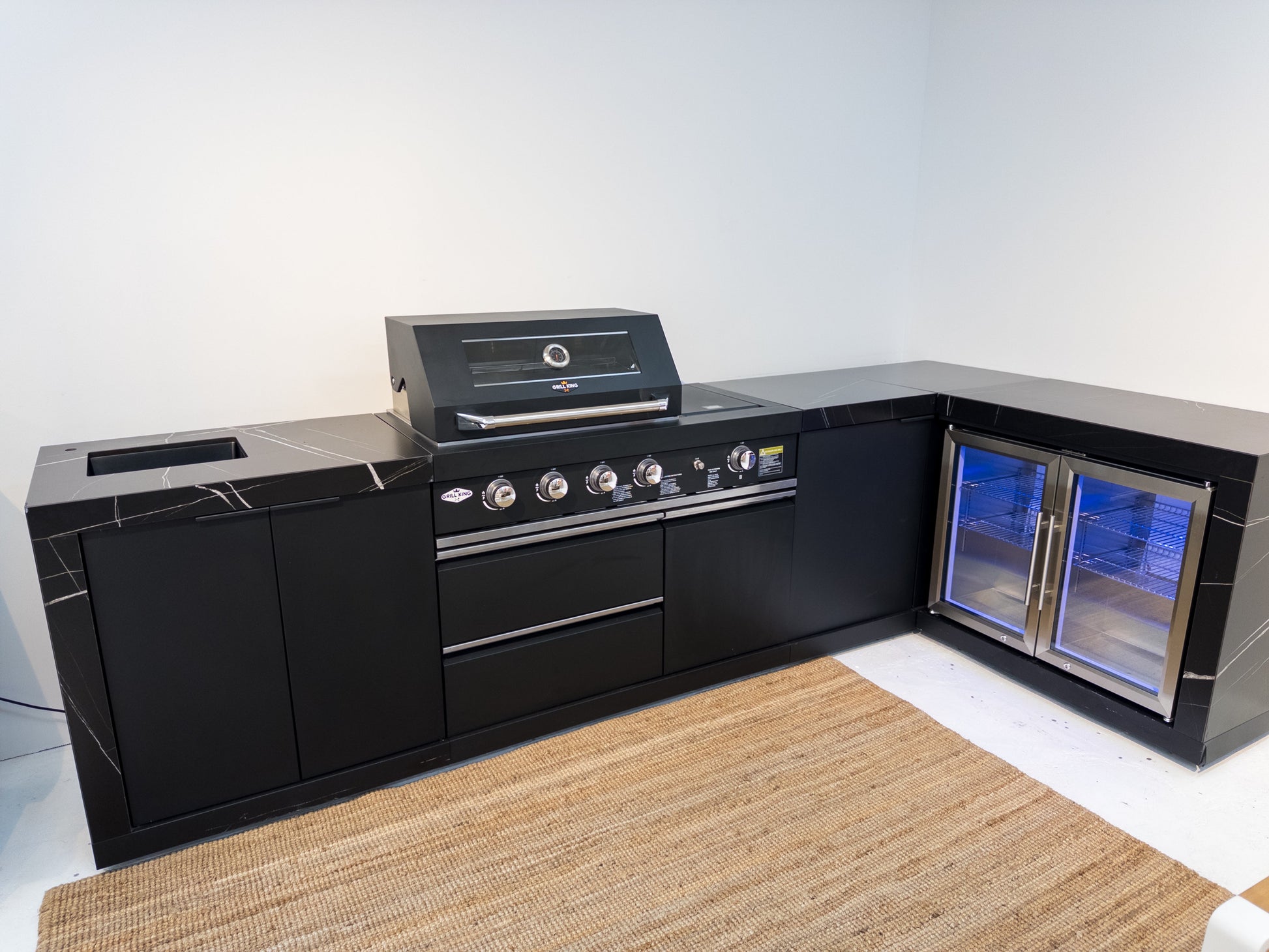 Rockpool Black 4B + Wok L Shape Outdoor Kitchen BBQ Package Black Stone + 2DR Fridge, 2DR Sink, 1DR Cupboard