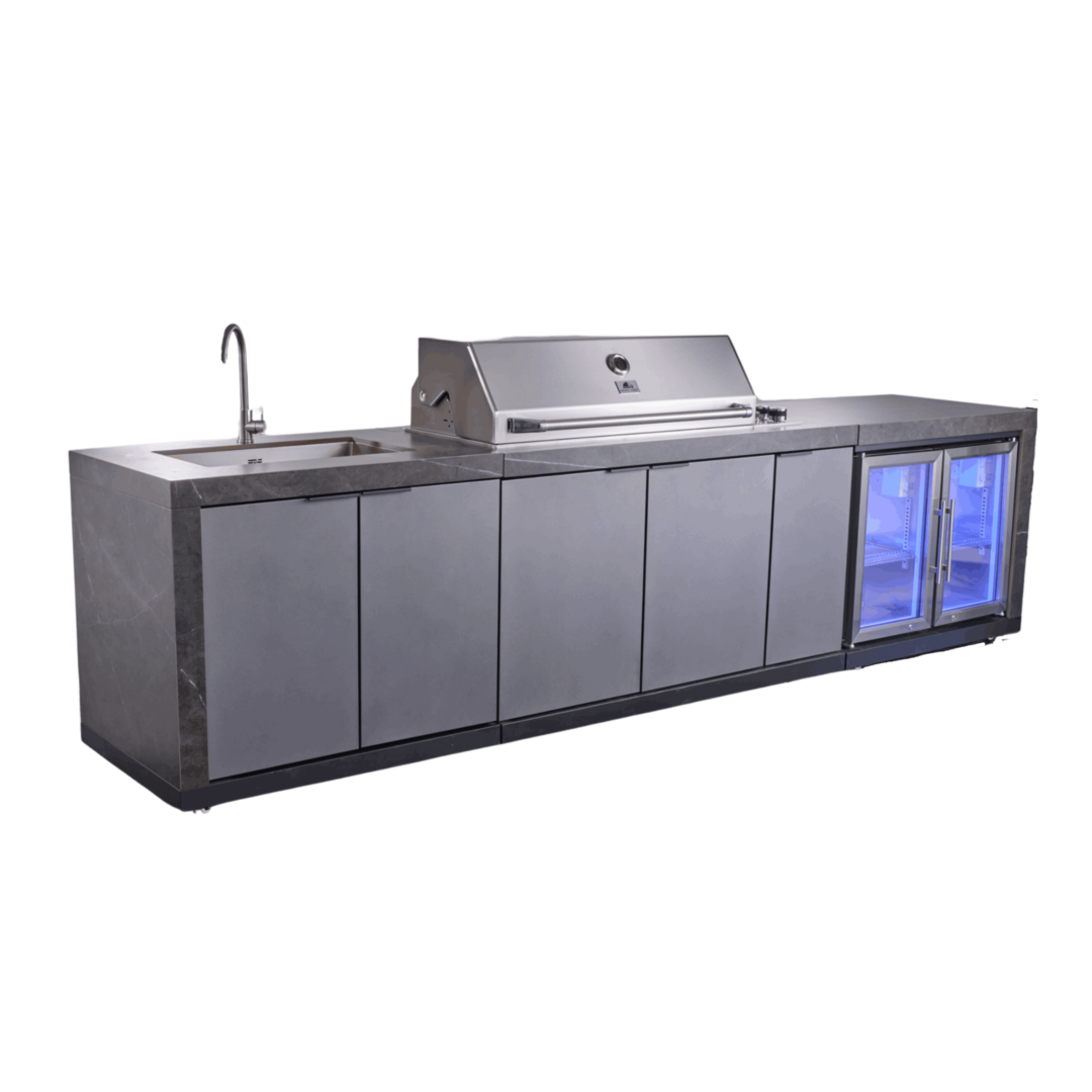 Deep Charcoal 6B Drop In BBQ Kitchen Package Inc sintered stone benchtops, Aluminium Cabinets, Weather Resistant, Fridge & Sink