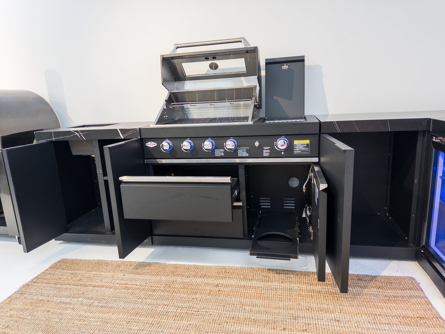 Rockpool Black 4B + Wok L Shape Outdoor Kitchen BBQ Package Black Stone + 2DR Fridge, 2DR Sink, 1DR Cupboard