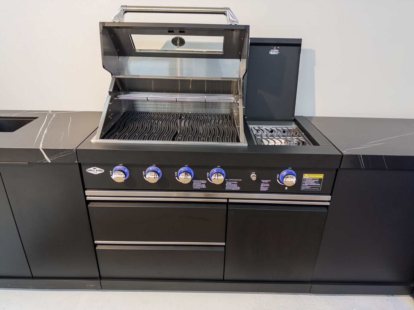 Rockpool Black 4B + Wok L Shape Outdoor Kitchen BBQ Package Black Stone + 2DR Fridge, 2DR Sink, 1DR Cupboard